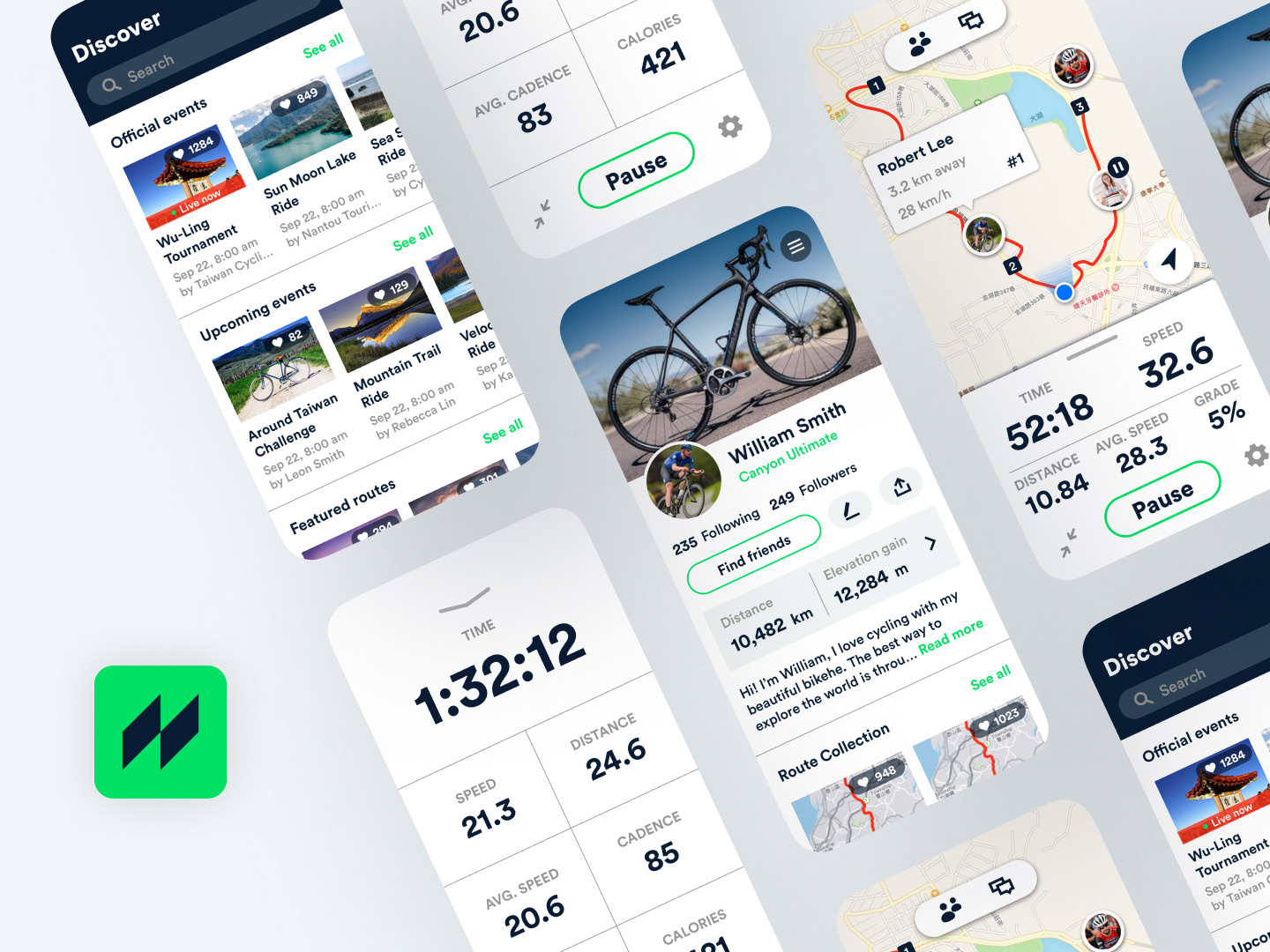 Velodash app screens: event discovery, a rider profile, ride stats, and a route map