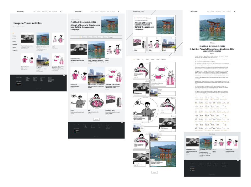 Early layout explorations for the Hiragana Times website