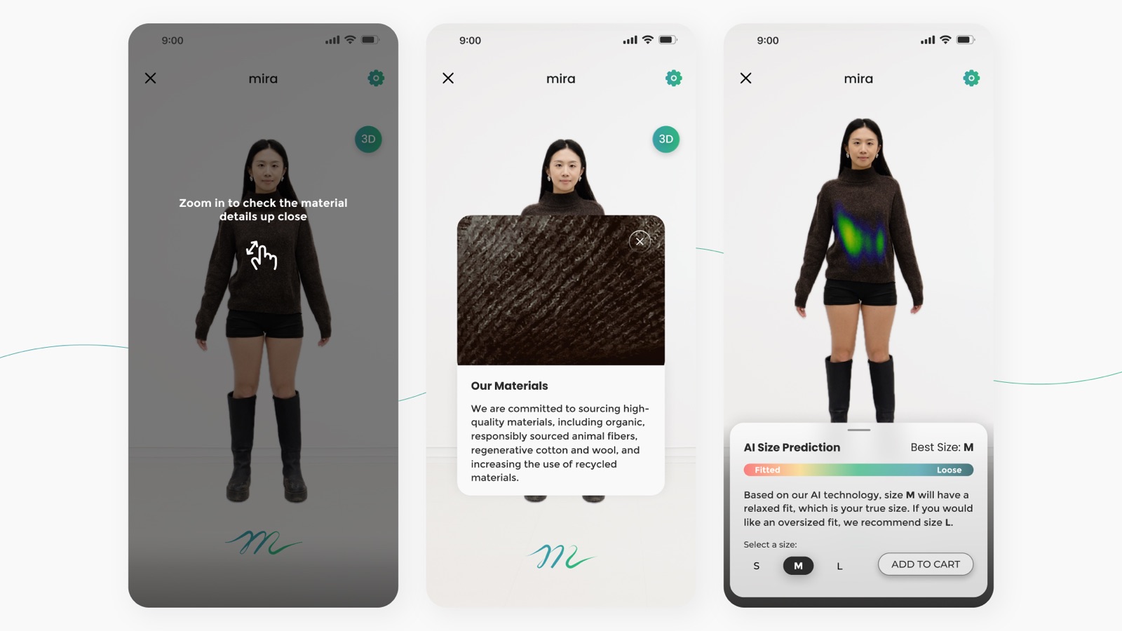 Material check with haptic feedback and size prediction screens