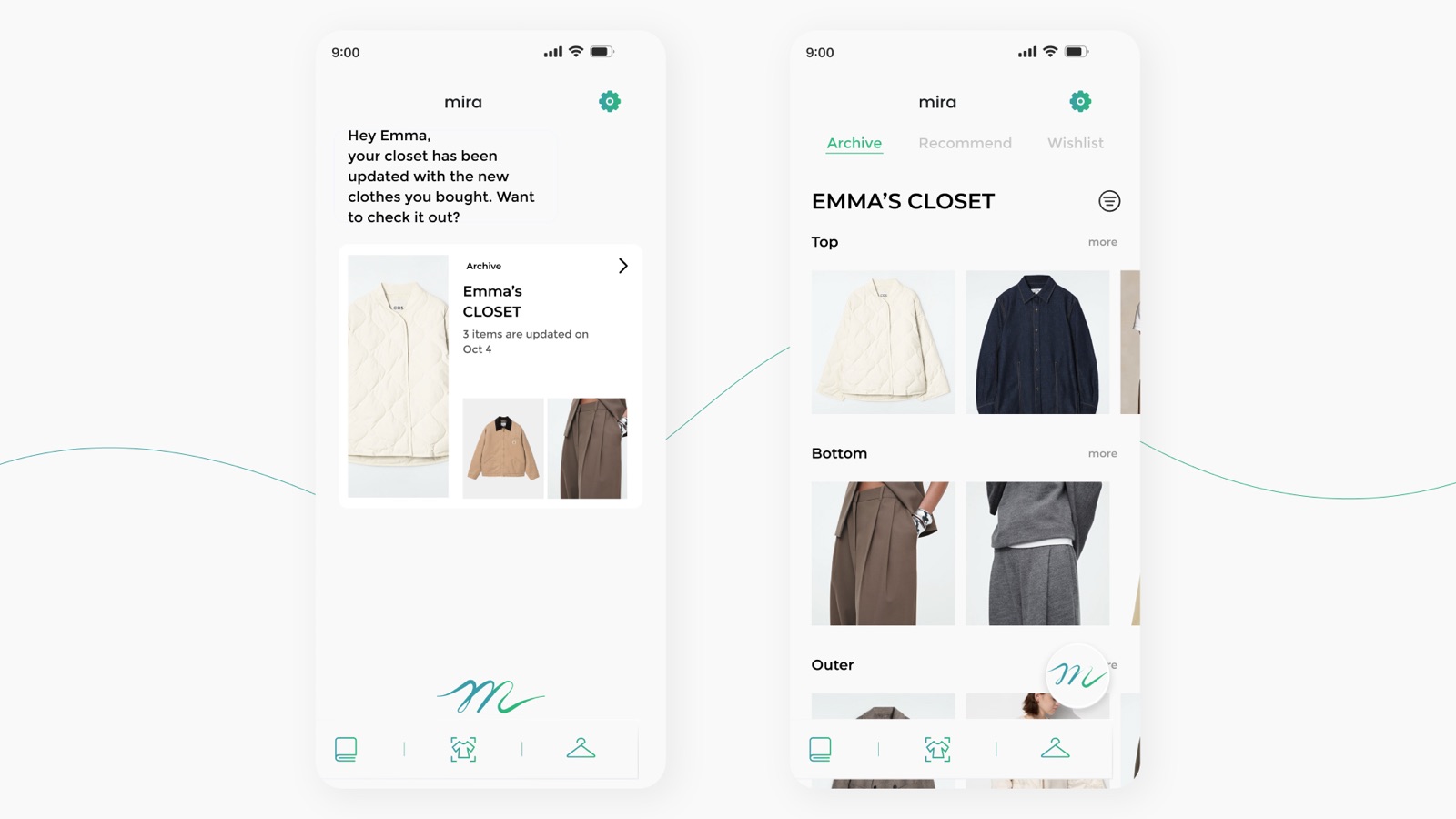 Virtual closet screens for managing saved outfits